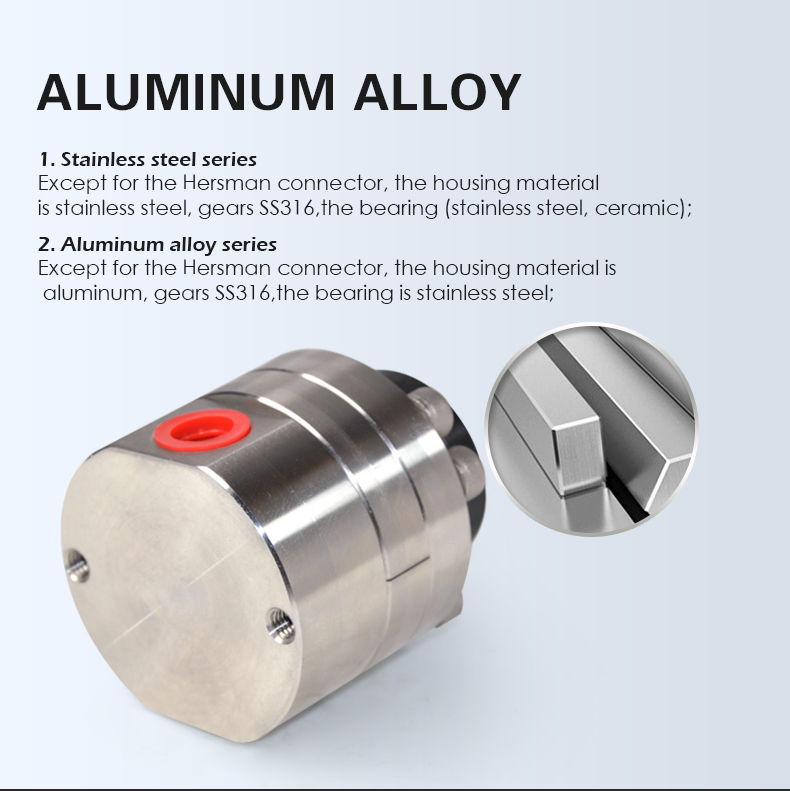 1. Stainless steel series Except for the Hersman connector, the housing material  is stainless steel, gears SS316,the bearing (stainless steel, ceramic); 2. Aluminum alloy series Except for the Hersman connector, the housing material is  aluminum, gears SS316,the bearing is stainless steel; 
